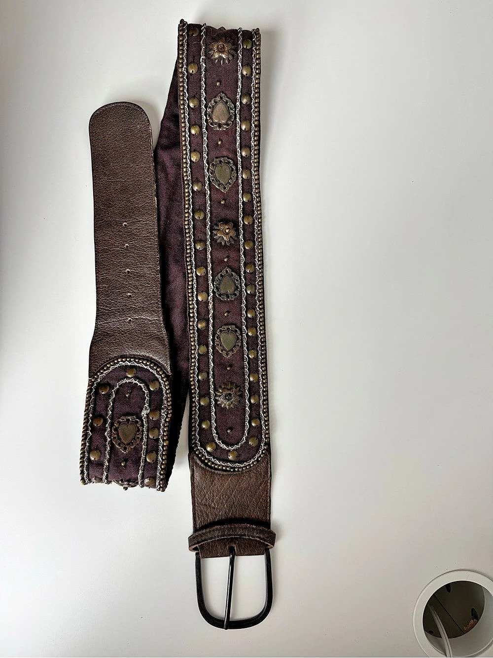 Boho Y2K Embellished Leather Belt in Brown w/ GoldToned Beading XL, NWT